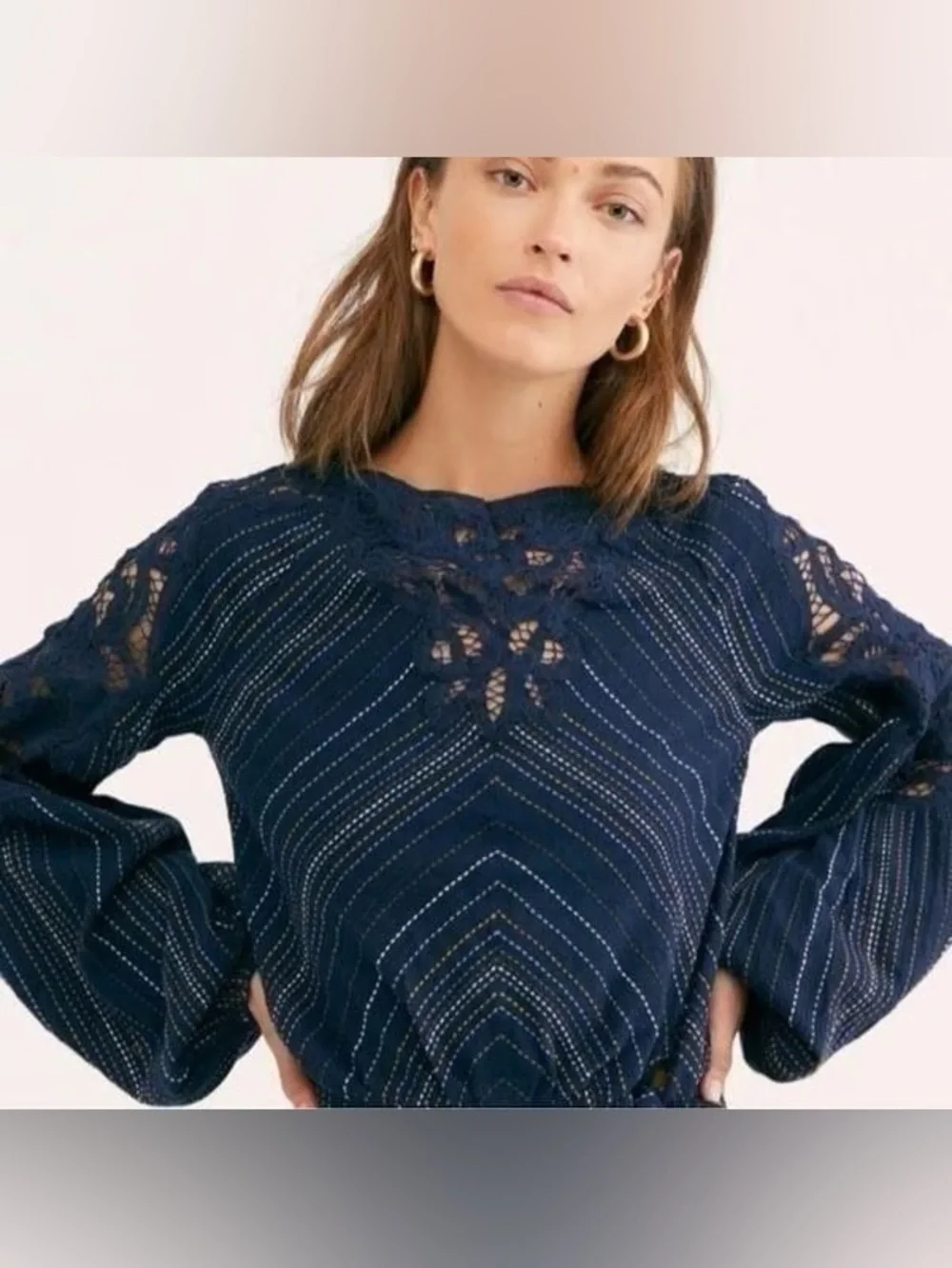 #557 FREE PEOPLE Floating Memories Navy Striped Lace Balloon Sleeve Peasant Top